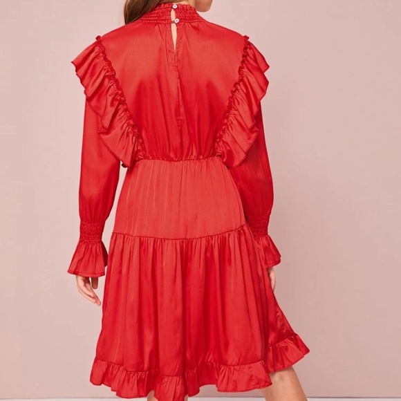 New! Girls Red Satin Shirred Neck Ruffle Tiered Flare Dress - Picture 2 of 4